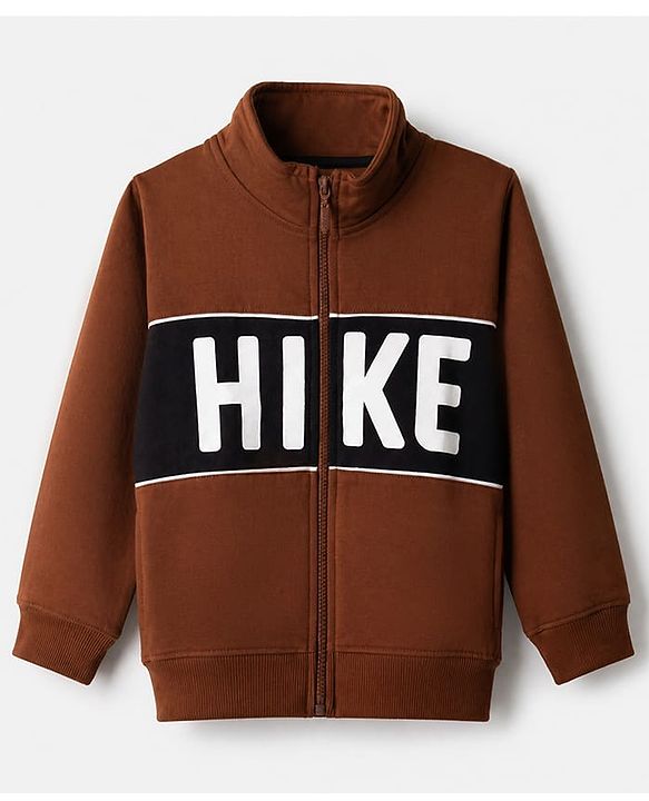 Pine Kids Cotton Mix Knit Sweatshirt with Full Sleeves and Hike Print in Brown