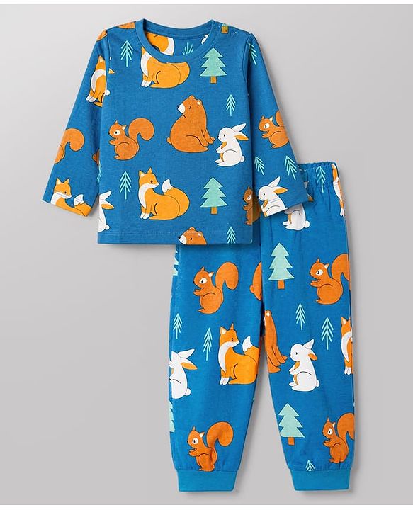 Babyhug Cotton Knit Full Sleeves Co-ord T-Shirt & Pajama Night Suit with Bunny Bear Squirrel Print - Teal Blue