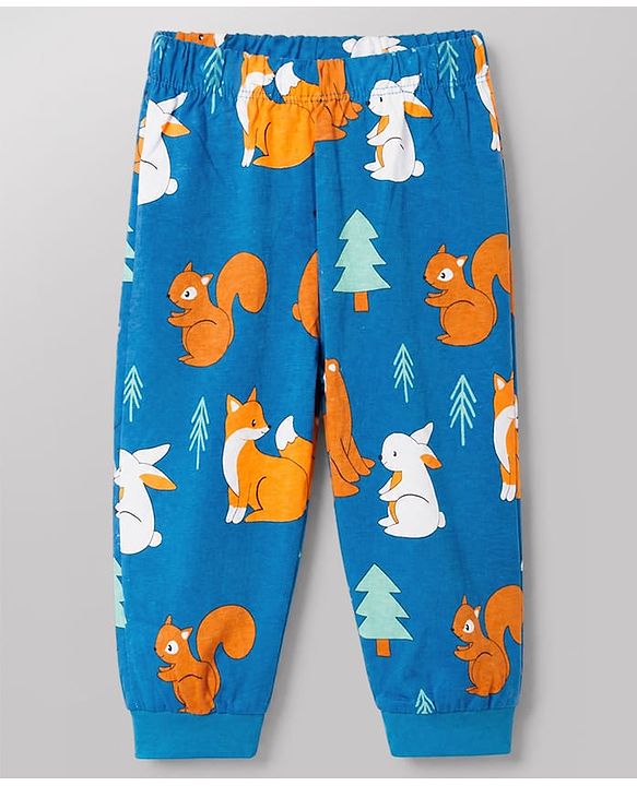 Babyhug Cotton Knit Full Sleeves Co-ord T-Shirt & Pajama Night Suit with Bunny Bear Squirrel Print - Teal Blue