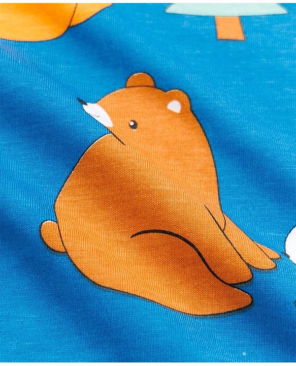 Babyhug Cotton Knit Full Sleeves Co-ord T-Shirt & Pajama Night Suit with Bunny Bear Squirrel Print - Teal Blue