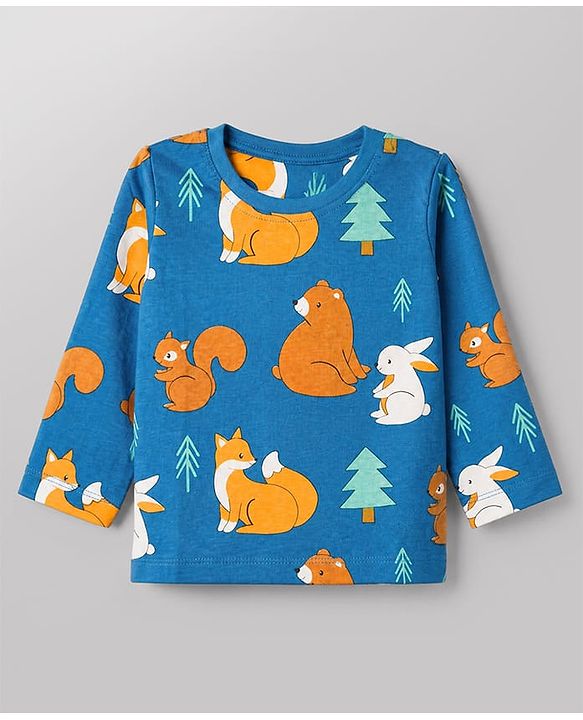 Babyhug Cotton Knit Full Sleeves Co-ord T-Shirt & Pajama Night Suit with Bunny Bear Squirrel Print - Teal Blue