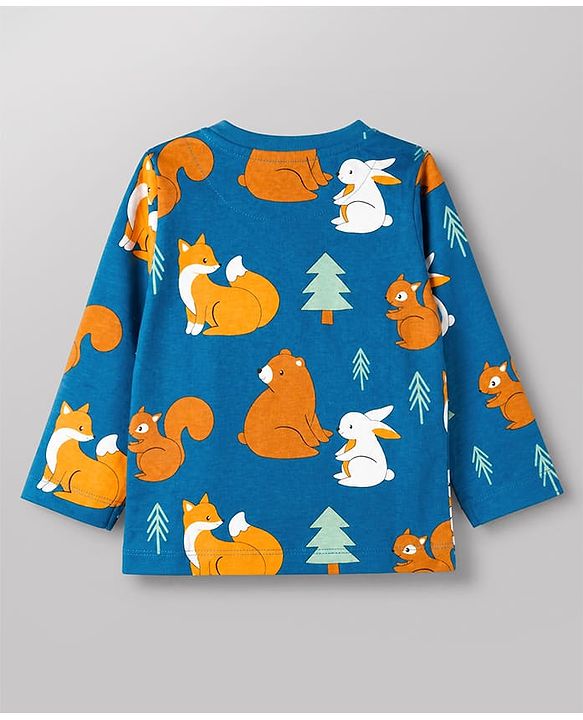 Babyhug Cotton Knit Full Sleeves Co-ord T-Shirt & Pajama Night Suit with Bunny Bear Squirrel Print - Teal Blue