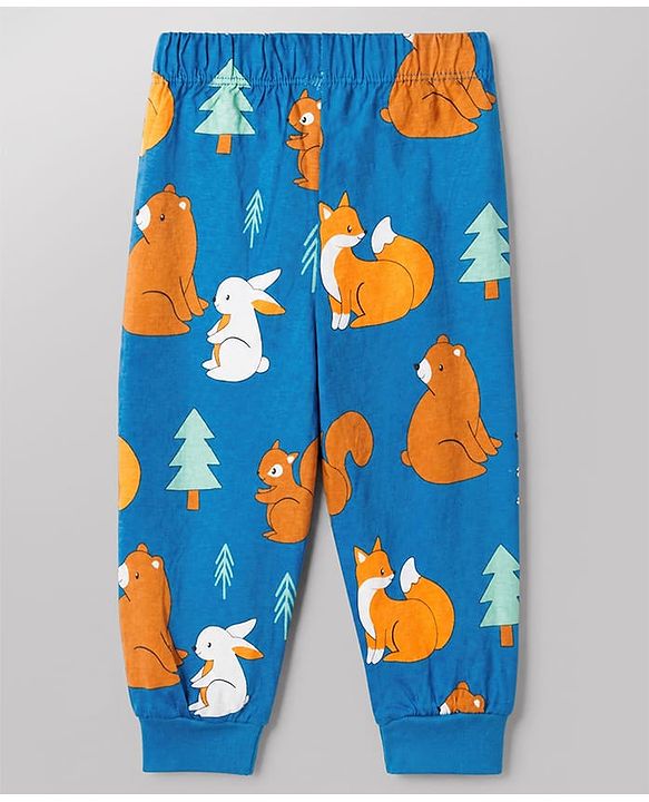 Babyhug Cotton Knit Full Sleeves Co-ord T-Shirt & Pajama Night Suit with Bunny Bear Squirrel Print - Teal Blue