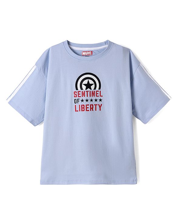 Pine Kids Marvel 100% Cotton Single Jersey Knit T-Shirts with Half Drop Shoulder Sleeves and Front & Back Captain America Print - Light Blue