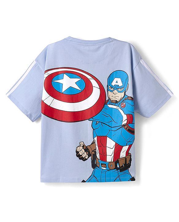 Pine Kids Marvel 100% Cotton Single Jersey Knit T-Shirts with Half Drop Shoulder Sleeves and Front & Back Captain America Print - Light Blue