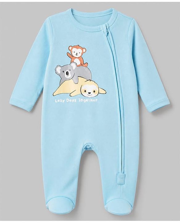Babyhug Cotton Knit Front Zipper Full Sleeves Sleep Suit with Lazy Days Together Text & Sloth Koala Monkey Print - Blue