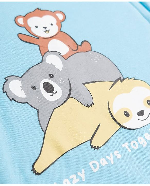Babyhug Cotton Knit Front Zipper Full Sleeves Sleep Suit with Lazy Days Together Text & Sloth Koala Monkey Print - Blue