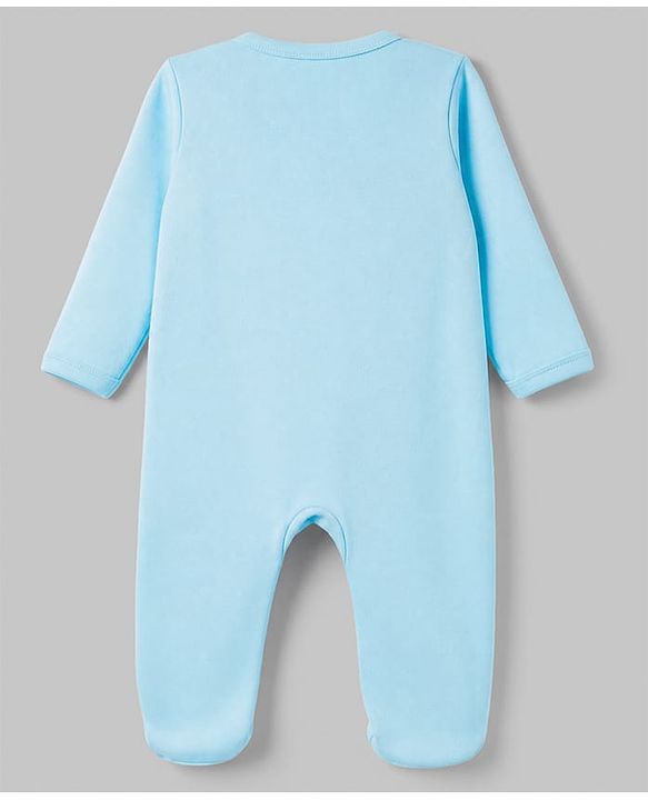 Babyhug Cotton Knit Front Zipper Full Sleeves Sleep Suit with Lazy Days Together Text & Sloth Koala Monkey Print - Blue