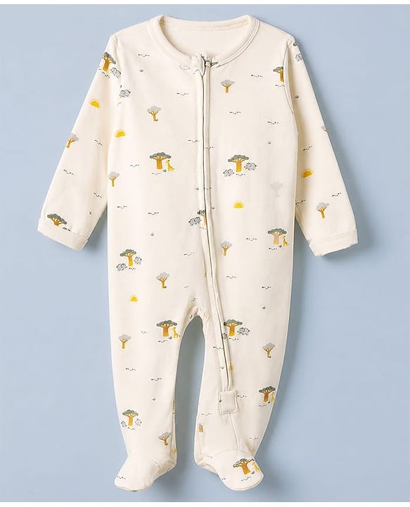 Babyhug Cotton Knit Full Sleeves Sleep Suit with Giraffe Elephant & Trees Print - Off White