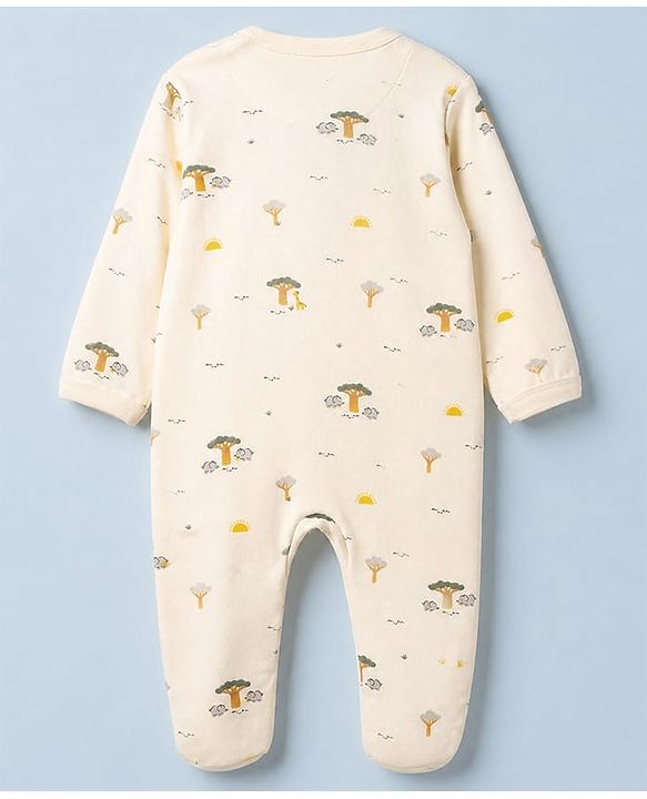 Babyhug Cotton Knit Full Sleeves Sleep Suit with Giraffe Elephant & Trees Print - Off White