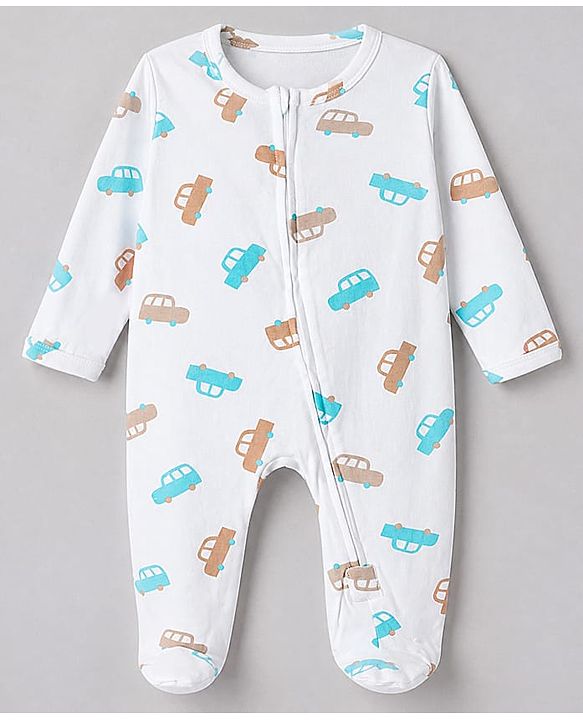 Babyhug Cotton Knit Full Sleeves Sleep Suit With Vehicle Print - White