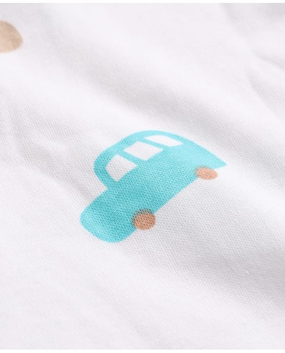 Babyhug Cotton Knit Full Sleeves Sleep Suit With Vehicle Print - White