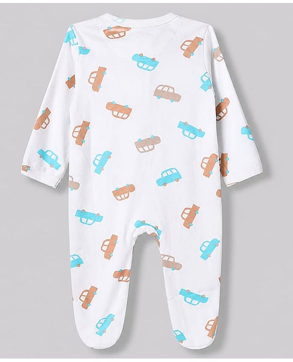 Babyhug Cotton Knit Full Sleeves Sleep Suit With Vehicle Print - White