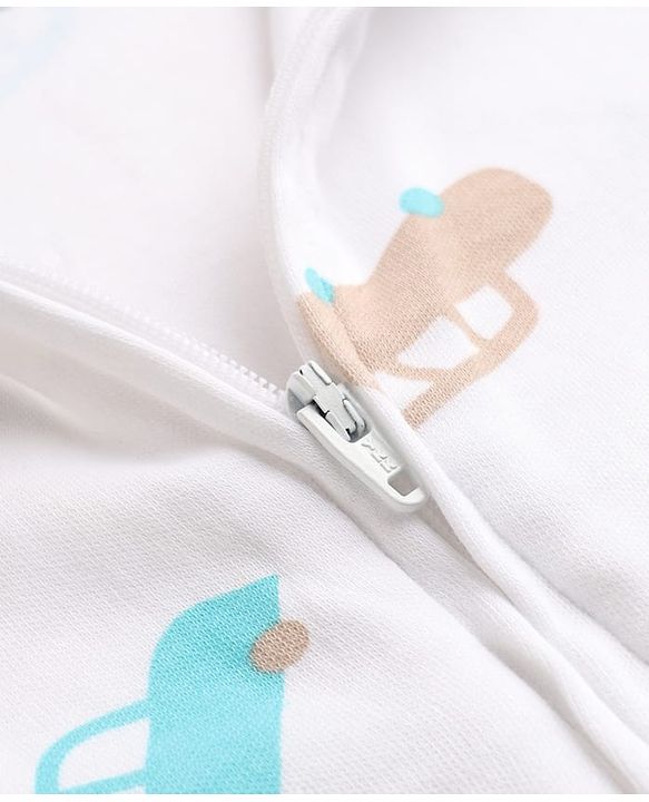 Babyhug Cotton Knit Full Sleeves Sleep Suit With Vehicle Print - White