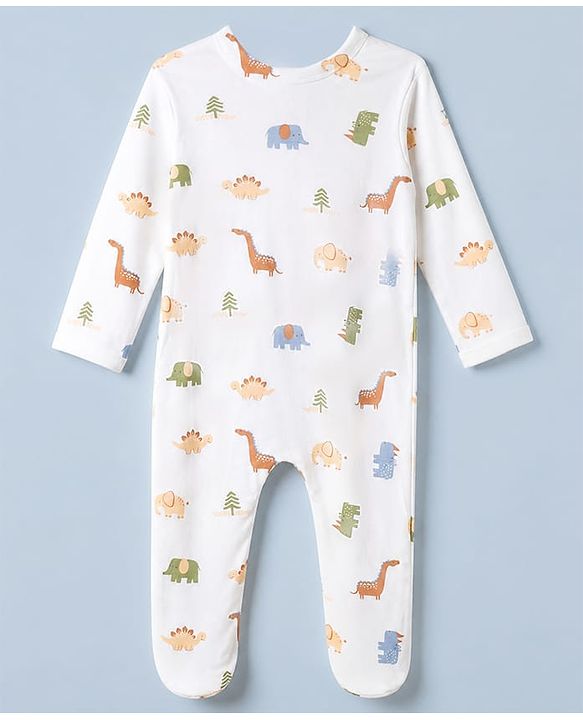 Babyhug Cotton Knit Full Sleeves Sleep Suit with Dinosaur Print - White