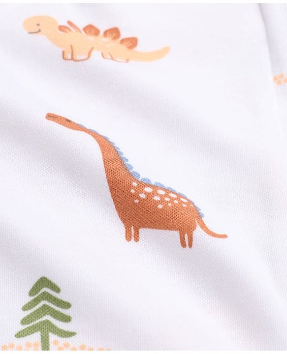 Babyhug Cotton Knit Full Sleeves Sleep Suit with Dinosaur Print - White