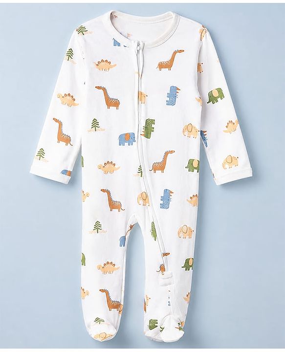 Babyhug Cotton Knit Full Sleeves Sleep Suit with Dinosaur Print - White