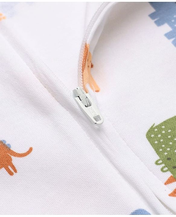 Babyhug Cotton Knit Full Sleeves Sleep Suit with Dinosaur Print - White
