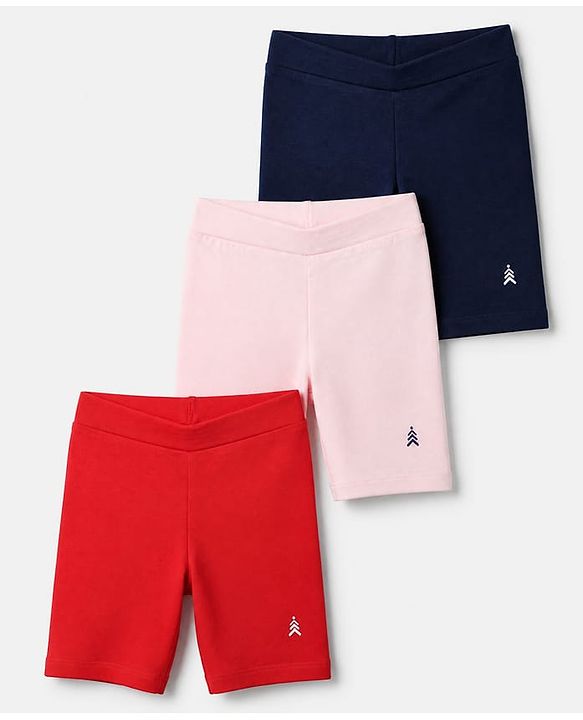 Pine Kids Cotton Lycra Knit Above Knee Length Solid Cycling Shorts Pack of 3 - Red Light Pink Black