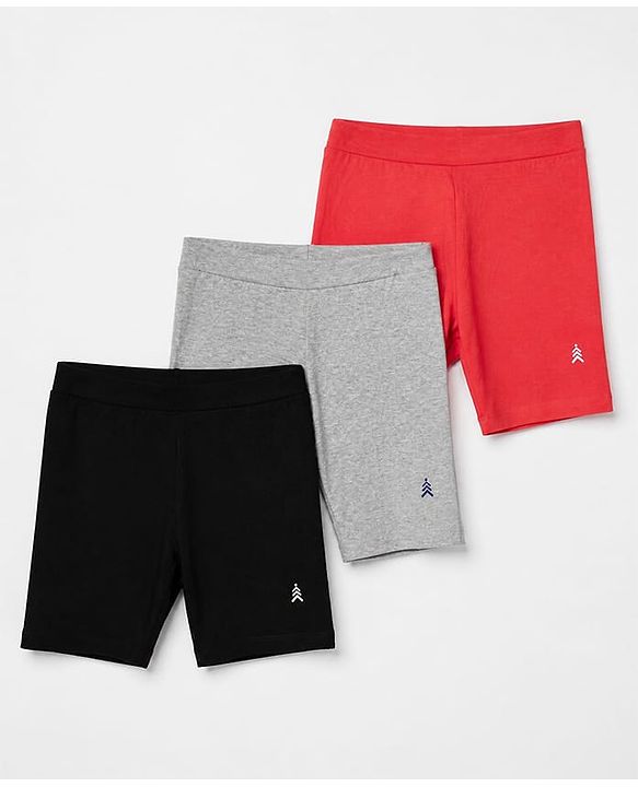 Pine Kids Cotton Lycra Knit Above Knee Length Cycling Shorts Pack of 3 - Red Grey & Black
