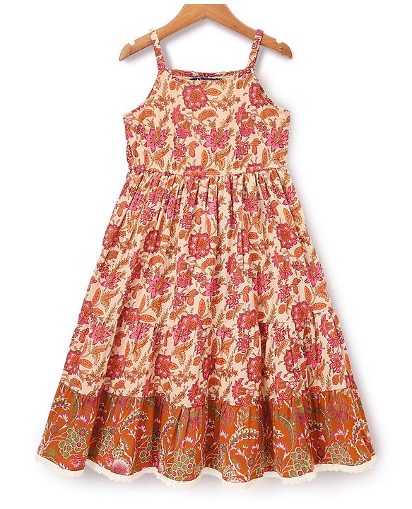 Pine Kids 100% Cotton Woven Ethnic Dress with Sleeveless and Floral Print Pattern - Brown
