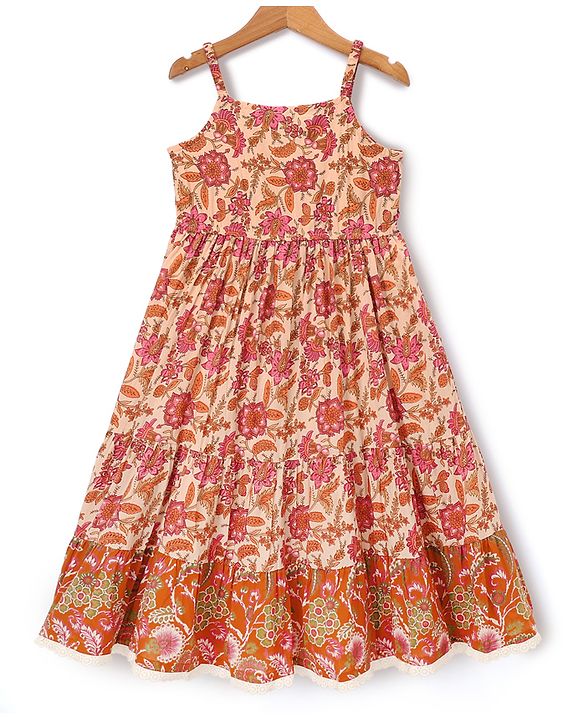 Pine Kids 100% Cotton Woven Ethnic Dress with Sleeveless and Floral Print Pattern - Brown