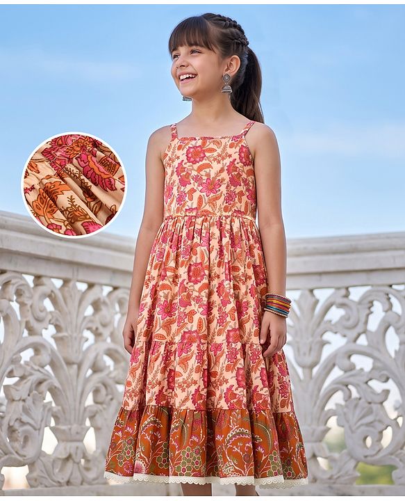 Pine Kids 100% Cotton Woven Ethnic Dress with Sleeveless and Floral Print Pattern - Brown