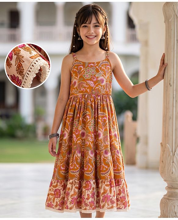 Pine Kids 100% Cotton Woven Ethnic Dress with Sleeveless and Floral Print Pattern - Cream