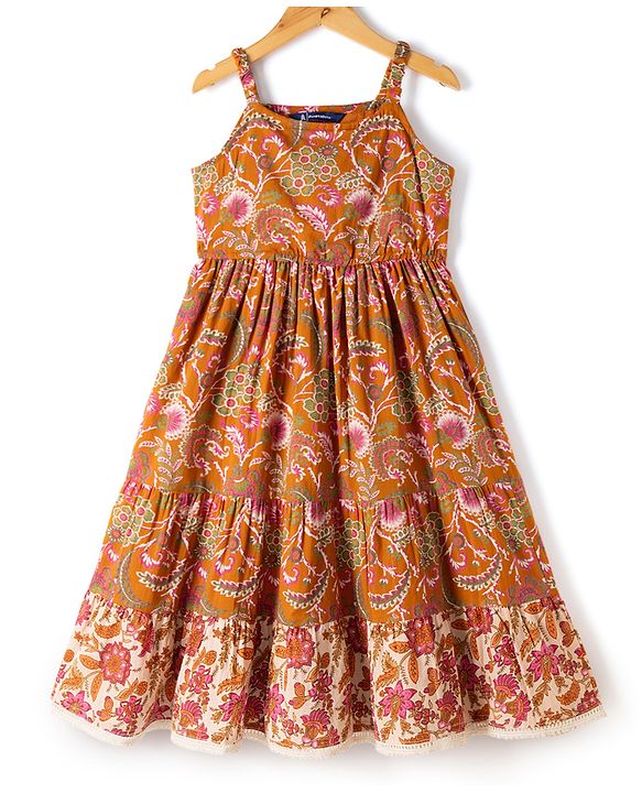 Pine Kids 100% Cotton Woven Ethnic Dress with Sleeveless and Floral Print Pattern - Cream