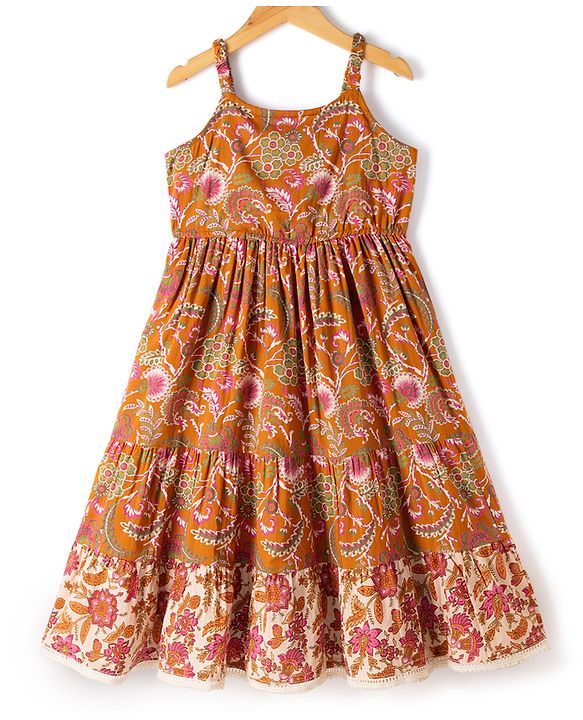 Pine Kids 100% Cotton Woven Ethnic Dress with Sleeveless and Floral Print Pattern - Cream