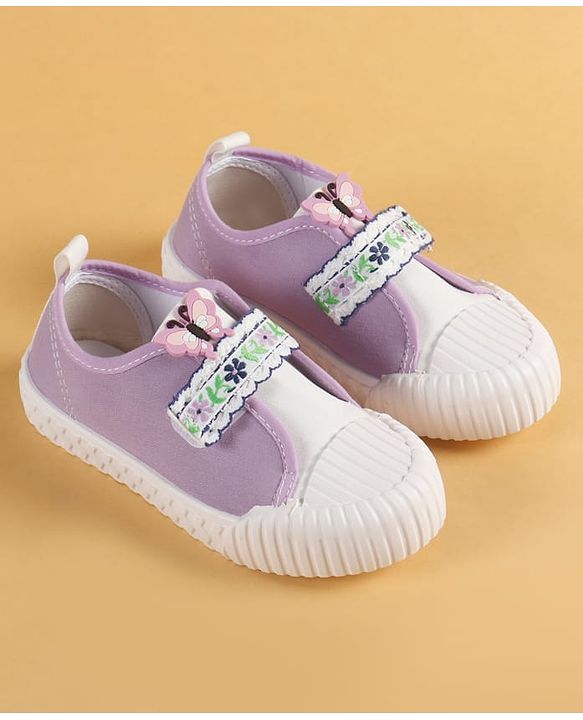 Cute Walk by Babyhug Velcro Closure Casual Shoes With Floral Embroidery & Butterfly Applique - Purple