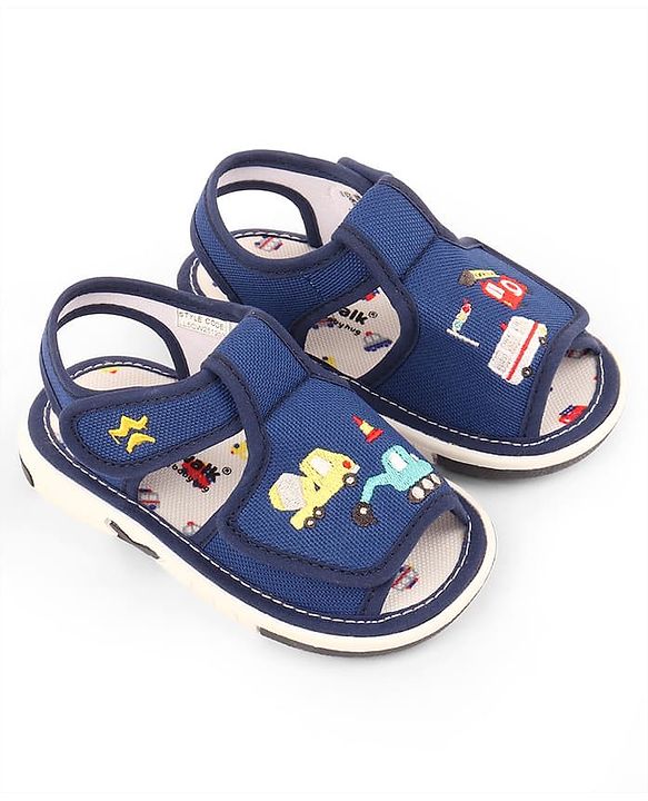 Cute Walk by Babyhug Velcro Musical Sandals With Vehicle Embroidery - Navy Blue