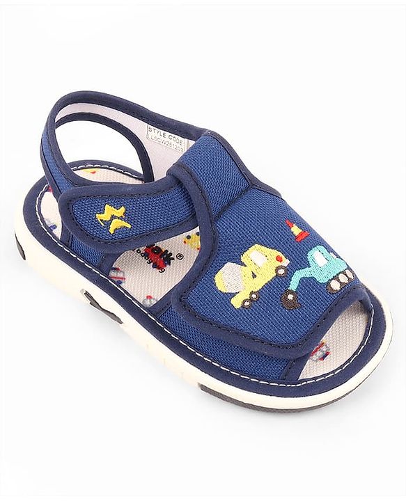 Cute Walk by Babyhug Velcro Musical Sandals With Vehicle Embroidery - Navy Blue