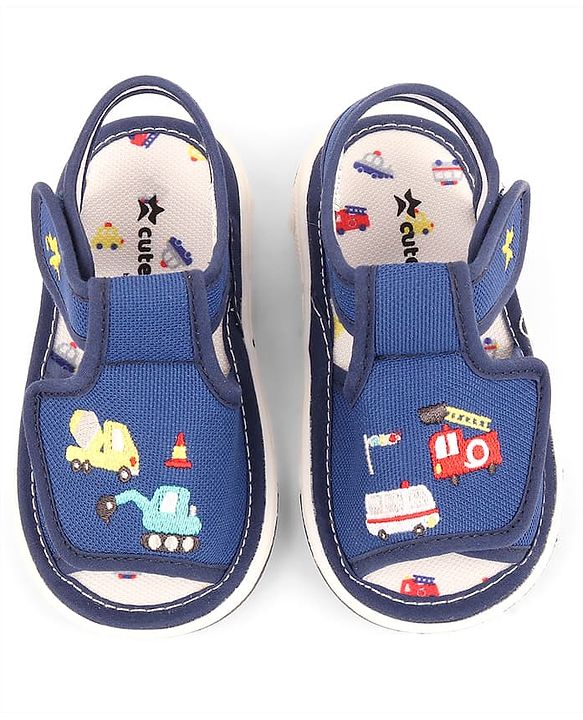 Cute Walk by Babyhug Velcro Musical Sandals With Vehicle Embroidery - Navy Blue