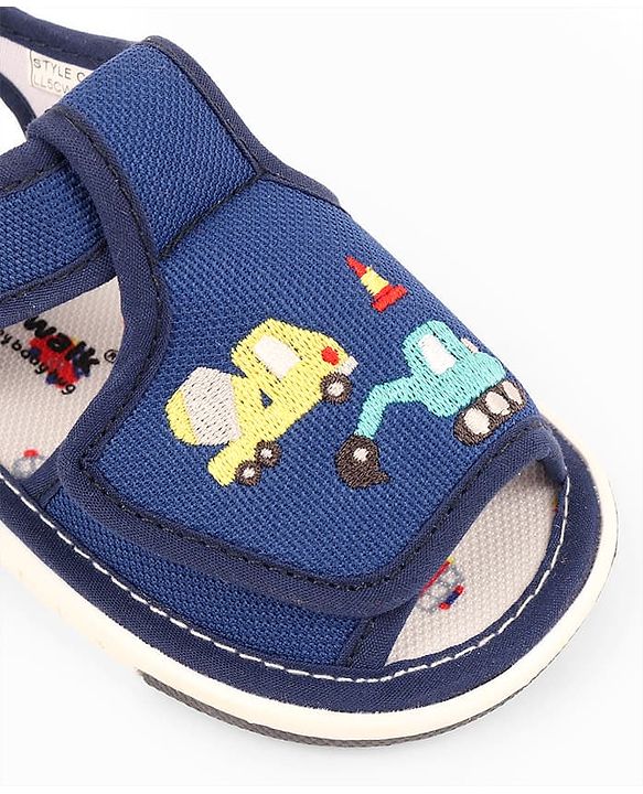 Cute Walk by Babyhug Velcro Musical Sandals With Vehicle Embroidery - Navy Blue