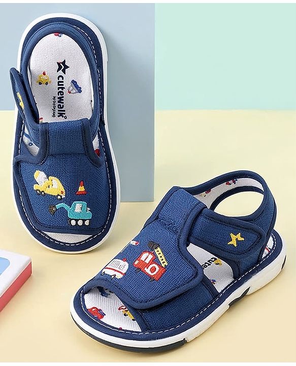 Cute Walk by Babyhug Velcro Musical Sandals With Vehicle Embroidery - Navy Blue