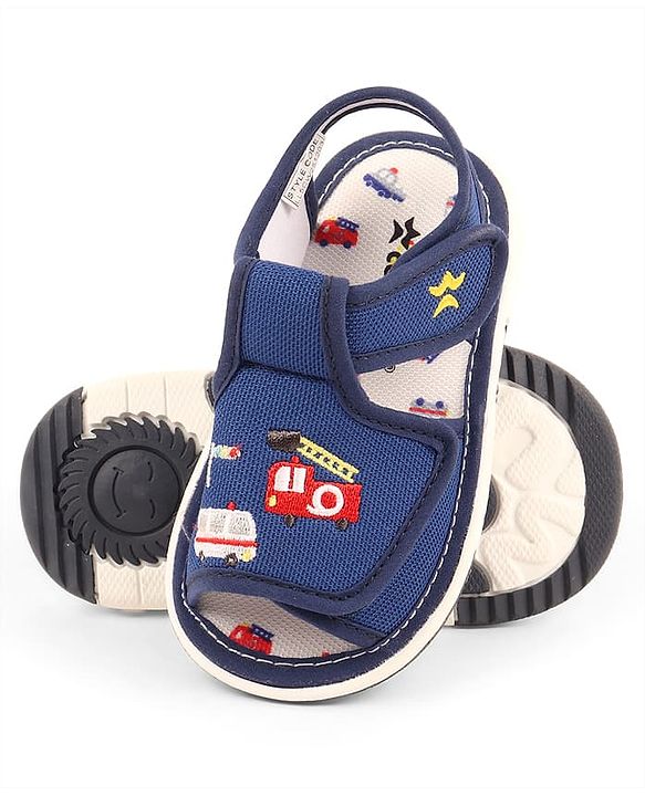 Cute Walk by Babyhug Velcro Musical Sandals With Vehicle Embroidery - Navy Blue