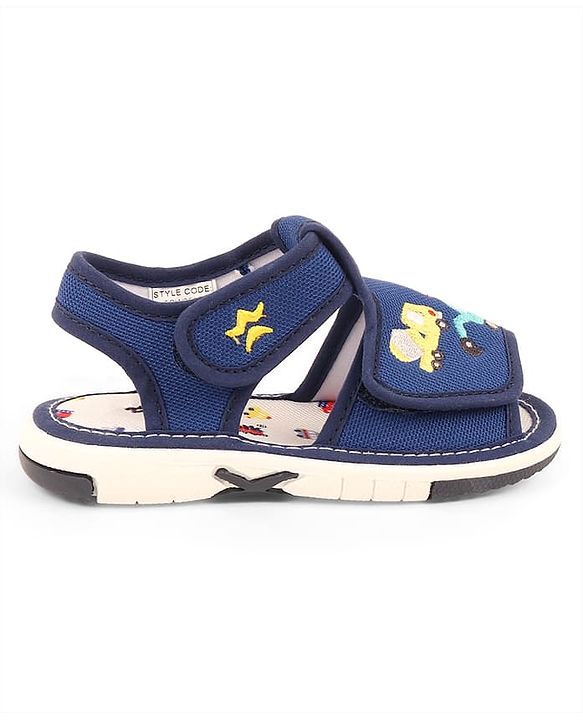 Cute Walk by Babyhug Velcro Musical Sandals With Vehicle Embroidery - Navy Blue