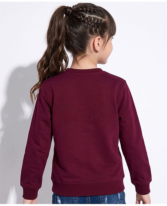 Pine Kids Cotton Blend Knit Sweatshirt with Full Sleeves and Saint Tropez French Text Print - Wine