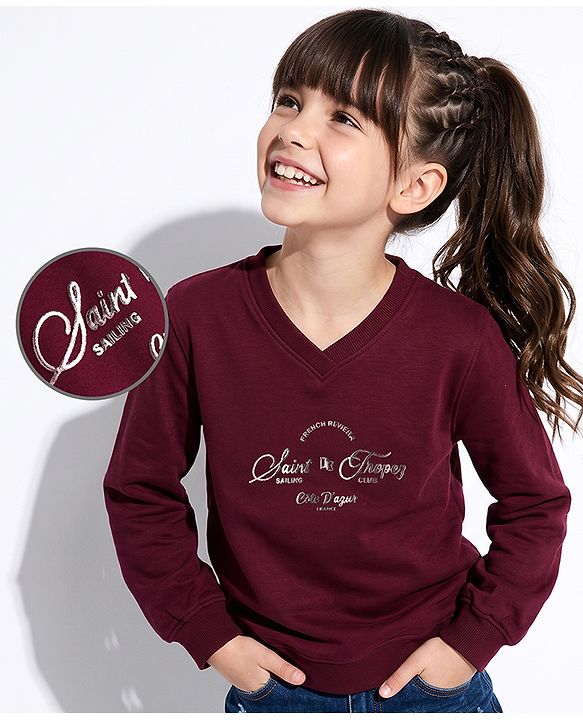 Pine Kids Cotton Blend Knit Sweatshirt with Full Sleeves and Saint Tropez French Text Print - Wine