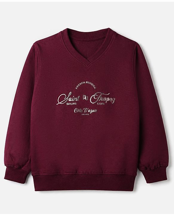 Pine Kids Cotton Blend Knit Sweatshirt with Full Sleeves and Saint Tropez French Text Print - Wine