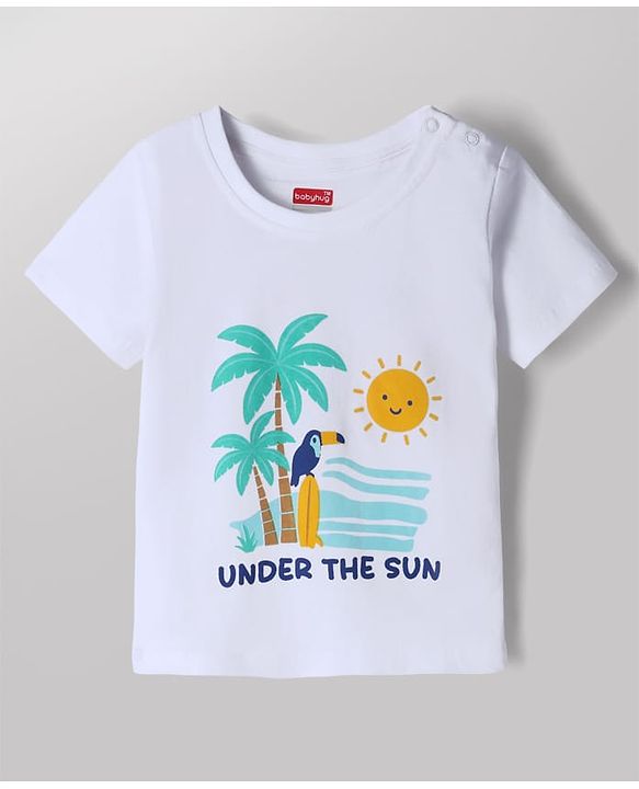 Babyhug Cotton Mixes Single Jersey Knit Half Sleeves T-Shirt and Denim Short Set with Landscape Print - White & Blue
