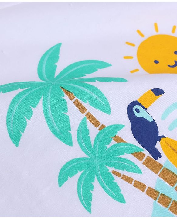 Babyhug Cotton Mixes Single Jersey Knit Half Sleeves T-Shirt and Denim Short Set with Landscape Print - White & Blue