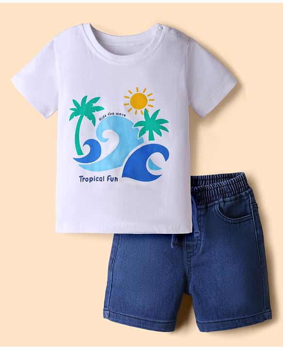 Babyhug Single Jersey Knit T-Shirt and Shorts with Half Sleeves and Beach Scene Print in White for 18-24 Months