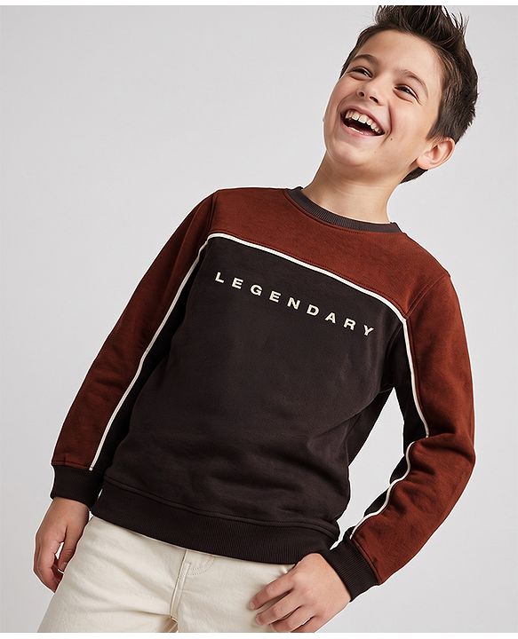 Pine Kids Cotton Knit Sweatshirt with Full Sleeves and Legendary Text Print - Brown
