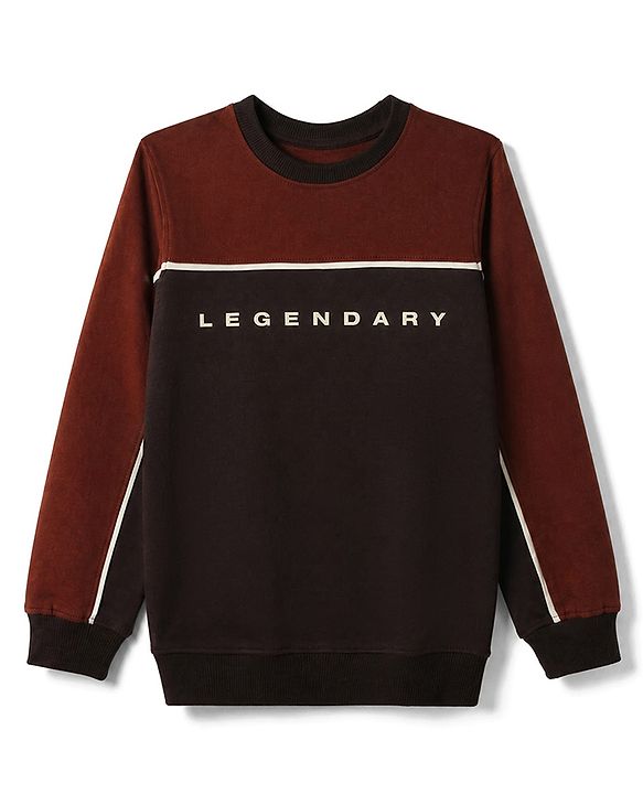 Pine Kids Cotton Knit Sweatshirt with Full Sleeves and Legendary Text Print - Brown