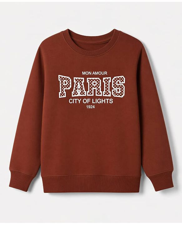 Pine Kids Cotton Knit Sweatshirt with Full Sleeves and Paris Print in Brown for 4-5 Years