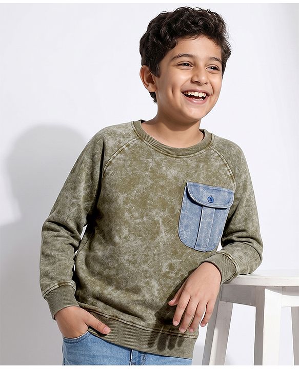 Pine Kids Cotton Mixes Knit Sweatshirt with Full Raglan Sleeves and Pocket Applique - Olive Green