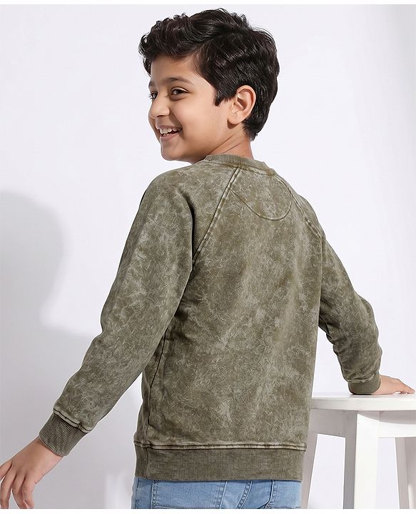 Pine Kids Cotton Mixes Knit Sweatshirt with Full Raglan Sleeves and Pocket Applique - Olive Green