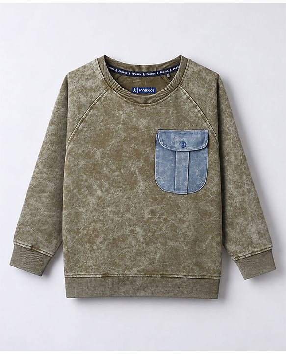 Pine Kids Cotton Mixes Knit Sweatshirt with Full Raglan Sleeves and Pocket Applique - Olive Green